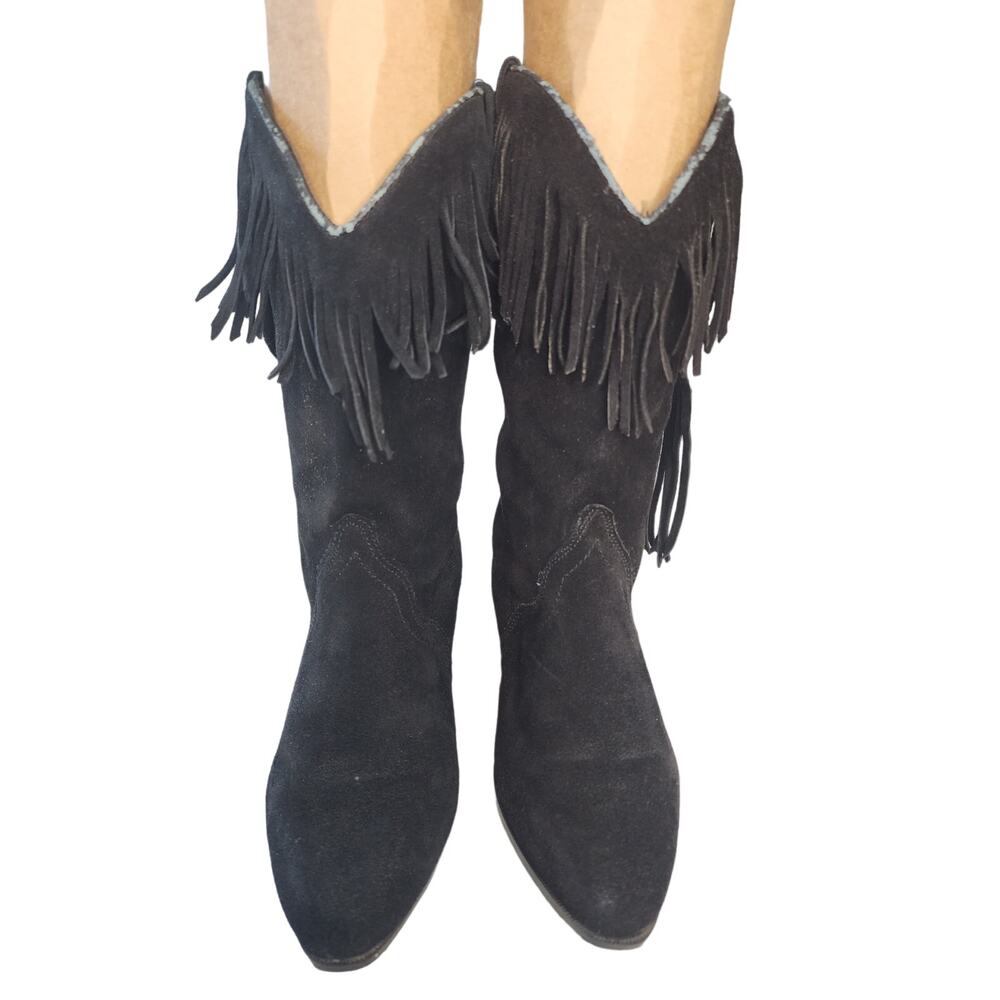 Silver Star Suede Mid Calf Fringe Cowboy Boots Western Cowgirl Fringed Houston
